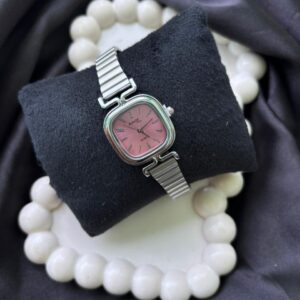 Silver Square Watch With Pink Dial