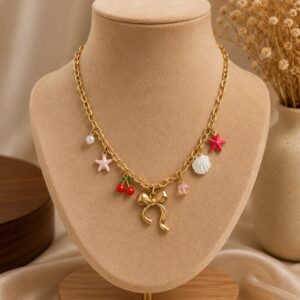 Bow Cherry Beachy Chimes Neckpiece